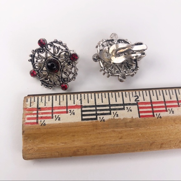 Vintage Y2K Clip On Earrings Red Gem Silver Gothic - Picture 2 of 11